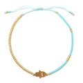 Handmade gold-plated Hamsa hand charm bracelet with light blue beads and woven rope - Light Blue