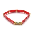 Bohemian evil eye stretch bracelet with red rectangle beads and gold metal accents - Red