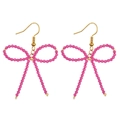 Handmade rose pink beaded bow earrings with gold-tone hooks in a vintage bohemian style - Rose Red