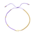 Bracelet d'amitié tissé main avec perles violettes et croix en acier inoxydable doré - Violet