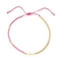 Bracelet d'amitié à perles roses avec pendentif croix dorée et cordon tressé ajustable - Rose