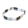Blue and white Tila bead stretch bracelet with metallic accents on white background - Spliced Multi-color Style (XN514-1)