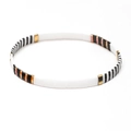 Bohemian Tila bead stretch bracelet with black and white enamel tiles and gold accents - Black White Iridescent Gold (SL2216)