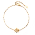 Gold stainless steel bracelet with spider web pendant and white beaded accents - Spider Web Pendant With White Beads (XN331-WHITE)