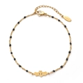 Golden stainless steel chain bracelet with black beads and bat charm for Halloween - Bat Pendant With Black Beads (XN332-BLACK)