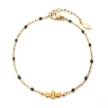 Gold stainless steel chain bracelet with green beads and a bat charm for Halloween - Bat Pendant With Green Beads (XN332-GREEN)