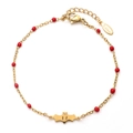 Golden stainless steel bat bracelet with red beads and adjustable lobster clasp - Bat Pendant With Red Beads (XN332-RED)