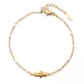 Gold stainless steel chain bracelet with white enamel beads and a black bat charm - Bat Pendant With White Beads (XN332-WHITE)