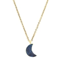 Close-up of golden moon pendant necklace with glittering dark blue stone on white background - Deep Blue Moon Style (SL1631)