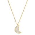 Close-up of golden crescent moon pendant with white druzy crystal inlay on stainless steel chain - White Moon Style (SL1633)