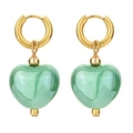 Detail of light green heart pendant earrings with gold hoops on a white background - Light Green