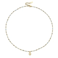 Detailopname van de gouden roestvrijstalen ketting met blauwe kralen en kristallen hanger - Gouden Ketting Blauwgroene Kralen (XN0153-14)