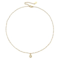Detail van roestvrijstalen ketting met witte kralen en kristallen hanger op witte basis - Gouden Ketting Witte Kralen (XN0153-17)