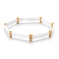 Close-up of bohemian white Tila tile bracelet with gold beads and sparkling zircon stones - Square Tile Style (XN396-2)