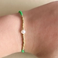 Adjustable Miyuki beaded bracelet in emerald green with white pearl and gold accents - Grass Green