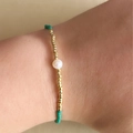 Bohemian Miyuki beaded bracelet with turquoise beads and a central white baroque pearl - Green