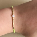 Miyuki seed bead bracelet with gold beads, white pearl and bright green accents - Olive Green