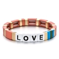 Close-up of LOVE letter beads and colorful enamel tile beads on a gold beaded bracelet - Coral Red Patchwork LOVE Letter Style (SL057-2)