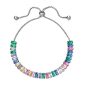 Rainbow tennis bracelet featuring rectangular crystals and adjustable steel sliding clasp - Silver Base with Multicolor Zirconia (XN546-S-color)