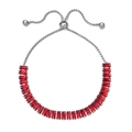 Adjustable stainless steel tennis bracelet with baguette-cut red crystals and bolo clasp - Silver Base with Red Zirconia (XN546-s-red)