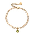 Double-layer golden stainless steel bracelet with round green zircon stone pendant - Olive Green Gemstone (XN551-5)