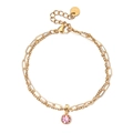 Gold-plated stainless steel layered bracelet with a round pink faceted stone pendant - Pink Gemstone (XN551-6)