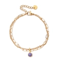 Double-layered golden stainless steel bracelet with a purple zircon stone pendant - Purple Gemstone (XN551-7)