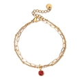 Bracelet double rang doré en acier inoxydable avec pendentif rond en zircon rouge - Pierre Précieuse Rouge (XN551-8)