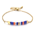 Gold-plated stainless steel TILA bead bracelet featuring navy blue and orange square beads - Blue Orange Gray Gold Style (XN552-4)