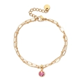 Bracelet double rang en acier inoxydable doré avec pendentif rose et chaîne trombone - Pierre Précieuse Rose Clair (XN551-9)