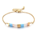 Gold plated stainless steel bracelet with blue, pink, and white Tila beads - Blue Pink White Gold Style (XN552-5)