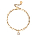 Bracelet double couche en acier inoxydable doré avec pendentif zircon et chaîne à maillons - Pierre Précieuse Blanche (XN551-11)