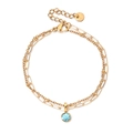 Bracelet double couche en acier doré avec pendentif zircon bleu clair et chaîne trombone - Pierre Précieuse Bleu Clair (XN551-3)