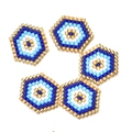 5-piece set of handmade MIYUKI bead Evil Eye charms in blue and gold hexagonal design - Dark Blue Hexagon Evil Eye Style (MYK004-1)