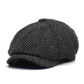 Berretto newsboy classico in tweed grigio a spina di pesce con visiera e bottone - Nero