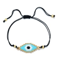 Handmade woven seed bead bracelet featuring a blue and black evil eye charm with slide knot - Sky Blue Evil Eye Style (SL030-11)