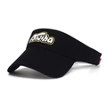 Detail of black cotton sun visor showing 3D embroidered Tenjiha logo and curved brim - Black