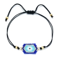 Handmade woven evil eye bracelet with blue seed beads and adjustable black string cord - Rectangle Evil Eye Style (SL030-2)