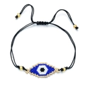 Handmade evil eye seed bead bracelet with black adjustable cord and golden details - Blue and Gold Evil Eye Style (SL030--7)