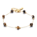 Tiger eye stone bead bracelet with gold plated stainless steel chain and lobster clasp - Tiger Eye Brown (XN569-4)