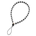 Minimalist black and white beaded phone strap with gold accents and a cord loop accessory - Black And White Striped Cylinder Style (SL483)