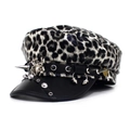 Leopard print military cap with silver spider badge and punk metal spikes on black leather - Gray