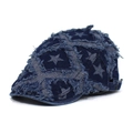 Modieuze denim newsboy pet met pentagrampatroon en distressed gerafelde randen - Verstelbaar / Donkerblauw