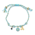 Adjustable woven beach bracelet in blue and green with gold floral and triskelion charms - Blue Green Silk Daisy Style (XN601-flower1)