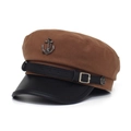 Vintage brown navy style flat top cap with black leather brim and anchor badge - Coffee