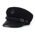 Detail of silver anchor emblem and PU leather brim on the black navy sailor cap - Black