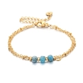 18K vergoldetes Edelstahl-Doppelarmband mit drei blauen facettierten Edelsteinen - Himmelblaue mehrfach geschliffene Perlen (XN572-11)