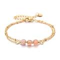 Doppelreihiges 18K vergoldetes Edelstahlarmband mit drei rosa Natursteinen für Damen - Hellrosa Natursteinperlen (XN572-14)
