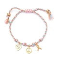 Handmade bohemian braided friendship bracelet in pink and blue with gold heart charms - Pink Blue Orange Braided Peace Sign (XN601-summer)