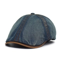 Retro-Newsboy-Mütze aus gewaschenem Denim in Blau mit braunem Leder-Schirm für alle - Verstellbar / Dunkelblau